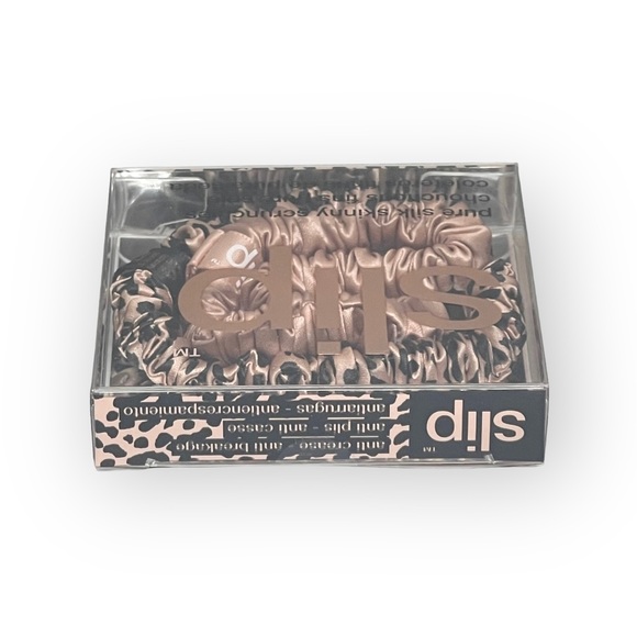 new Slip 𖦹 Bombshell Skinny Silk 2 Scrunchie Set 𖦹 Rose Gold Leopard 𖦹 Gift - Picture 9 of 16